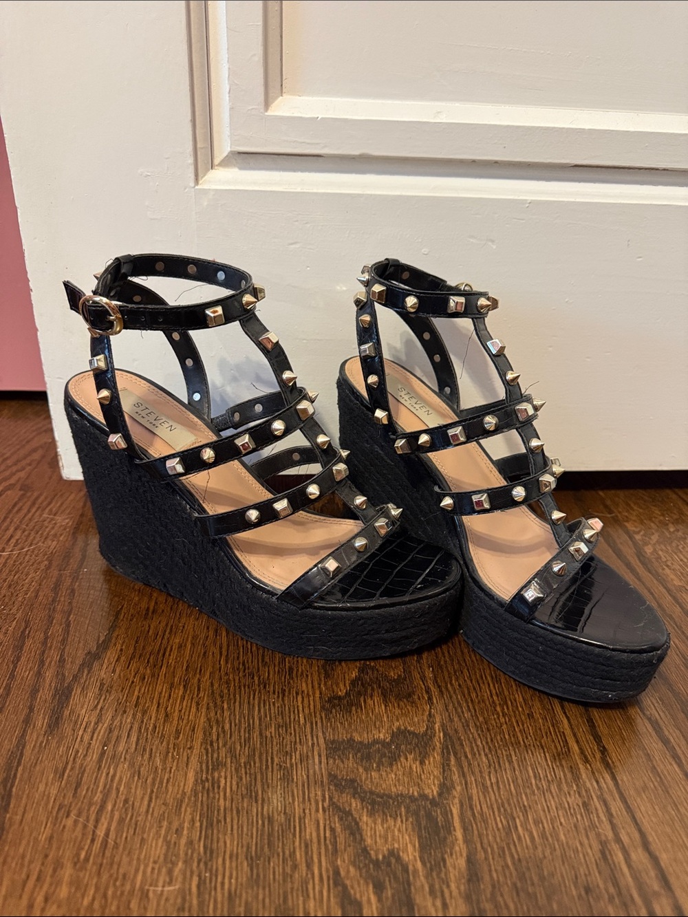 Steven By Steve Madden Black Studded T-Strap Wedge Sandals